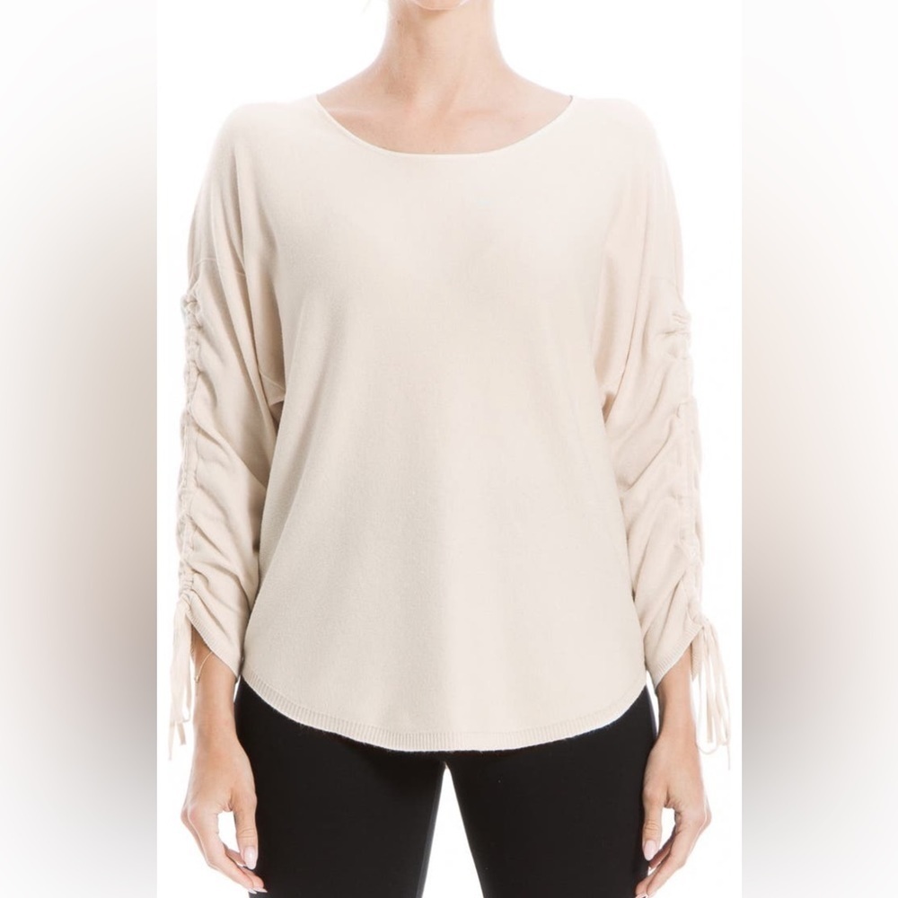 Max Studio Nordstrom Heather Oatmeal Ruched Sleeve Knit Sweater Size Large
